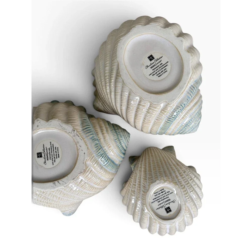 Set of 3 sea shell ceramic bowls planters by Shoreline Collection